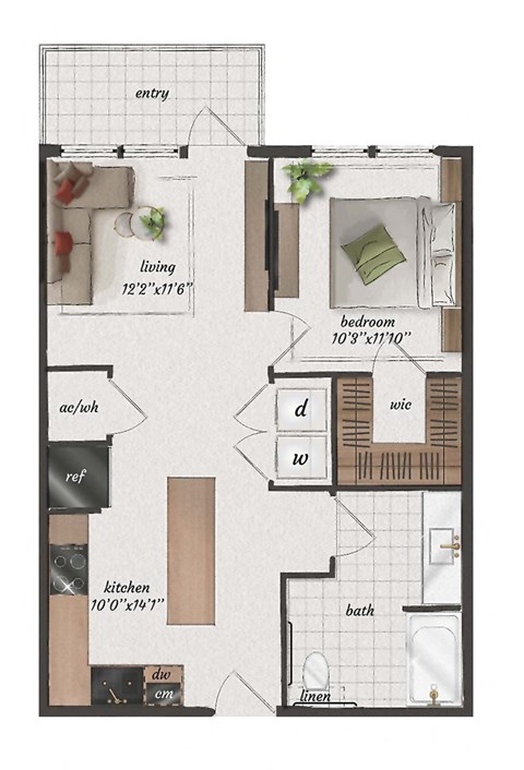 1 Bedroom, 1 Bathroom, 690 Square Feet - A2-LW Floorplan at St. Elmo Apartments in Austin, TX
